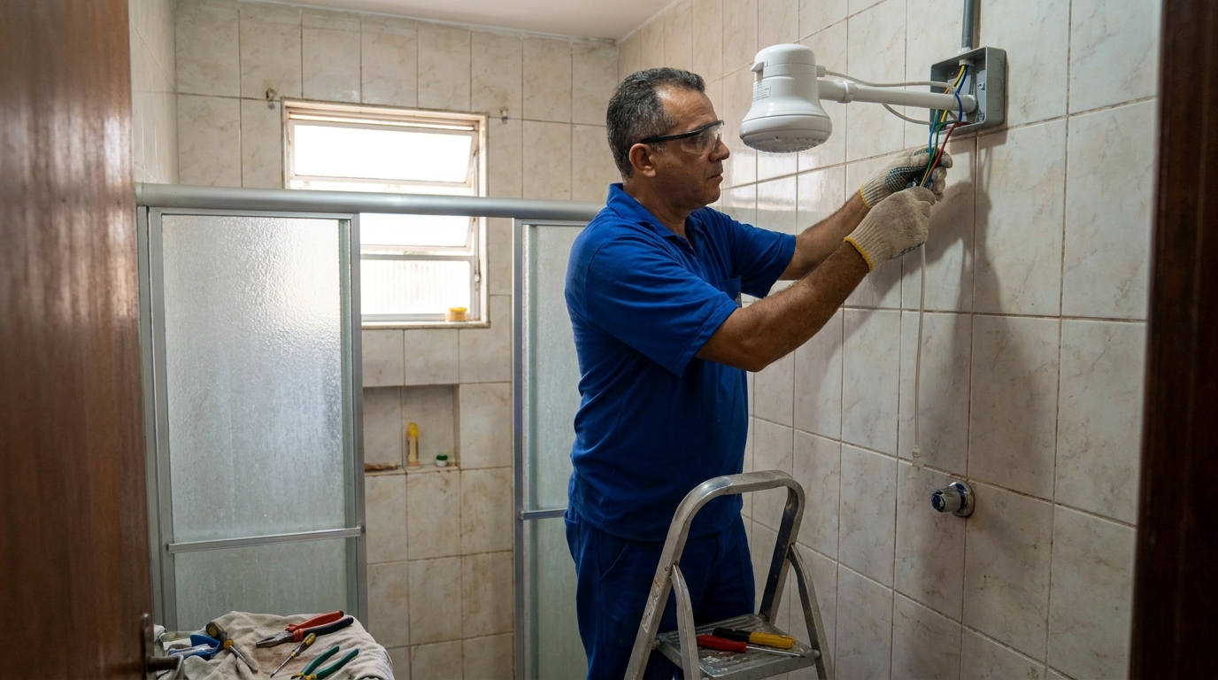 Eletricista instalando chuveiro eletrico em Porto Velho‑RO