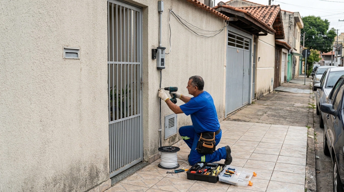 Eletricista instalando interfone em Porto Velho‑RO