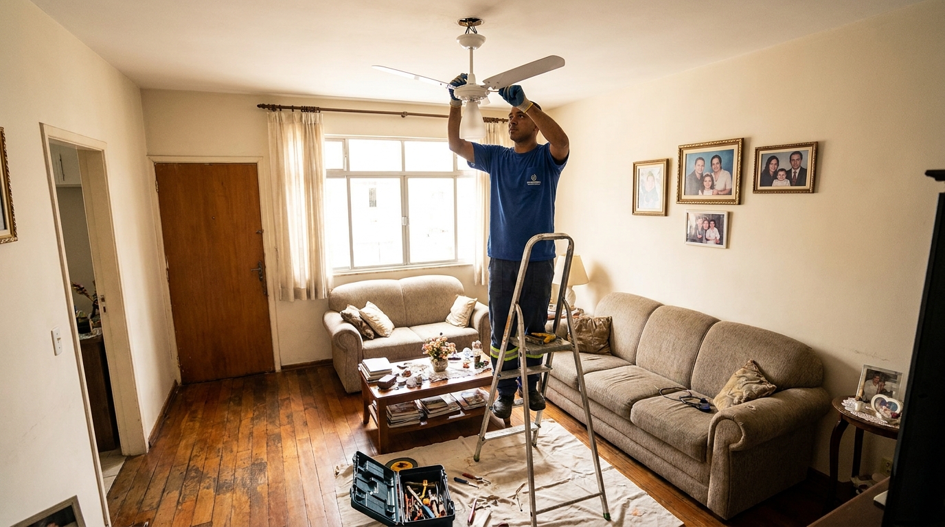Eletricista instalando ventilador de teto em Porto Velho‑RO